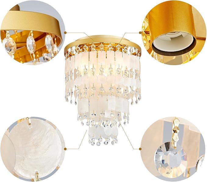 Capiz Shell Crystal Chandeliers, Close to Ceiling Coastal Style Light Fixture for Living Room, Bedroom, Dining Room, D13in x 14in, Clear Crystal & Gold Finish Frame