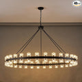 60 Inch Black Wagon Wheel Chandelier with Crystal Shade, 60 Lights, Modern Farmhouse Style, Ideal for Dining Room, Kitchen, Entryways