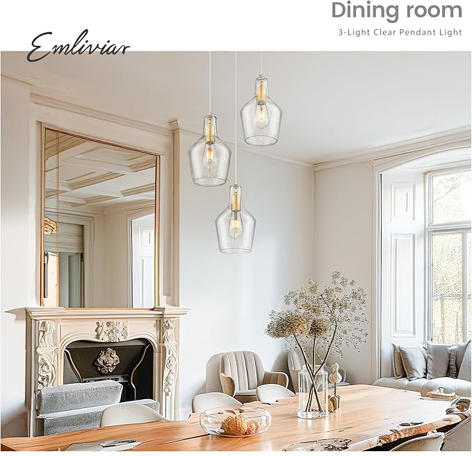 Emliviar Brushed Gold Pendant Light, 3-Light Seeded Glass Chandelier, Modern Pendant Lights for Kitchen Island, DYE286G2-3 BG