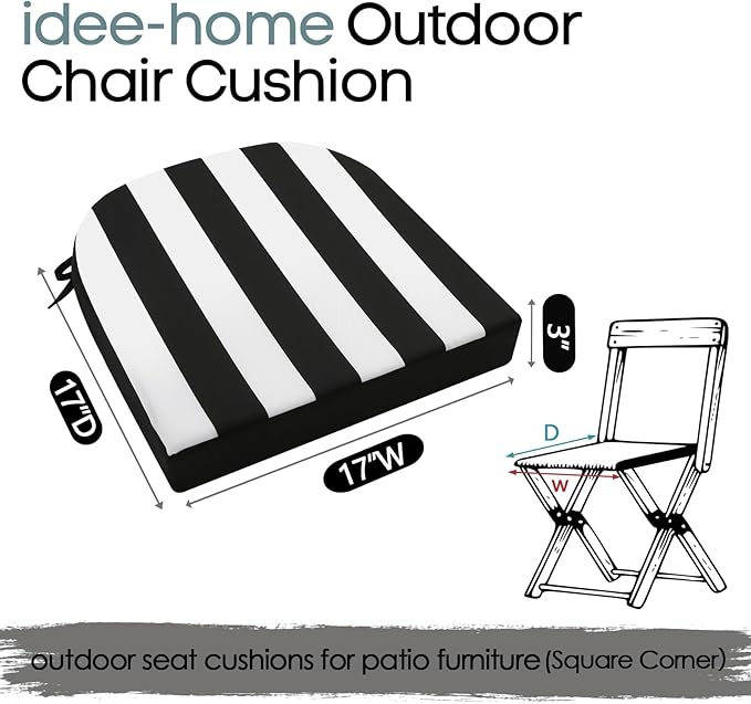 idee-home Outdoor Chair Cushions Set of 4, Thick 17" x 17" x 3" Outdoor Seat Cushions Patio Furniture Waterproof with Ties, Dining Pads