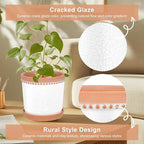 Ceramic Plant Pots, 6 Inch Planters for Indoor Plants, Flower Pots with Drainage Hole and Saucer, Set of 2 - Crackle Glaze White