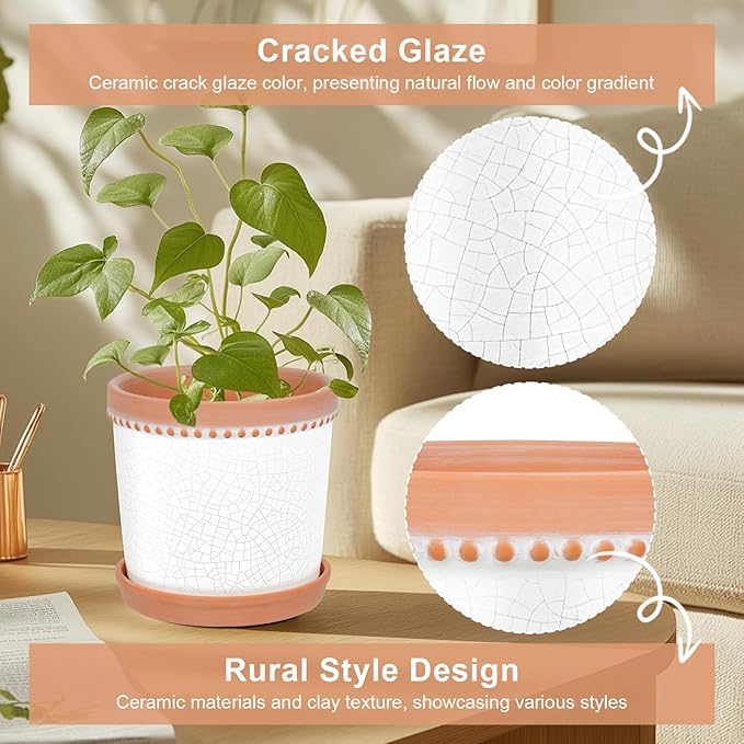 Ceramic Plant Pots, 6 Inch Planters for Indoor Plants, Flower Pots with Drainage Hole and Saucer, Set of 2 - Crackle Glaze White