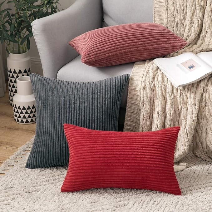 MIULEE Winter Pack of 2 Corduroy Pillow Covers 12 x 20 Inch Lumbar Christmas Throw Pillow Covers Red Pillowcases for Sofa Bedroom Couch