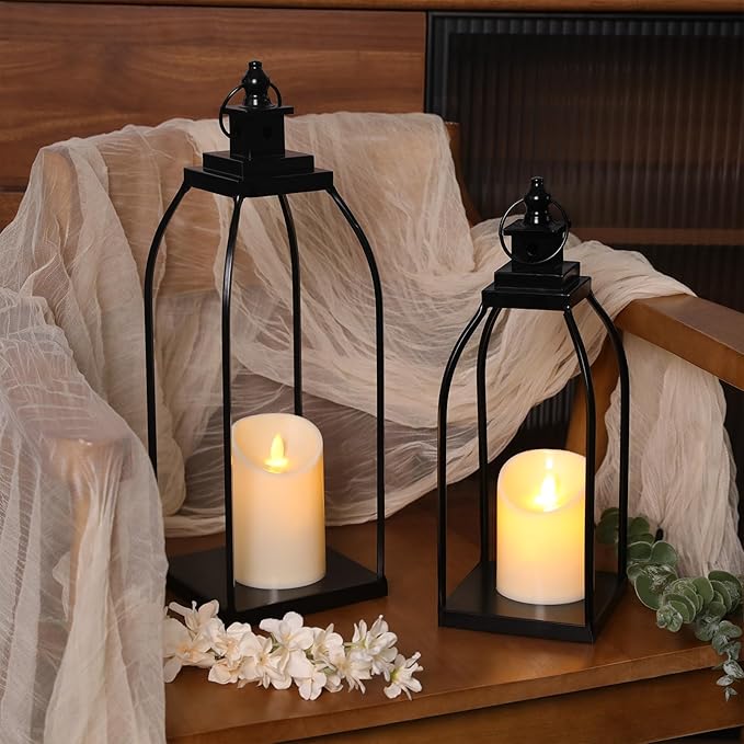 DARJEN Modern Farmhouse Lantern Decor Outdoor & Indoor- 17'' 14'' Black Metal Candle Lanterns for Christmas, Lanterns Decorative with 2 Flameless Candles for Porch,Patio,Home,Fireplace Mantle Decor