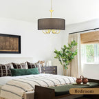 Gold Drum Chandeliers for Dining Room, 6-Light Black Farmhouse Chandelier Linen Light Fixture, 18'' Brass Round Chandelier Hanging Pendant Light for Bedroom Living Room Kitchen Foyer