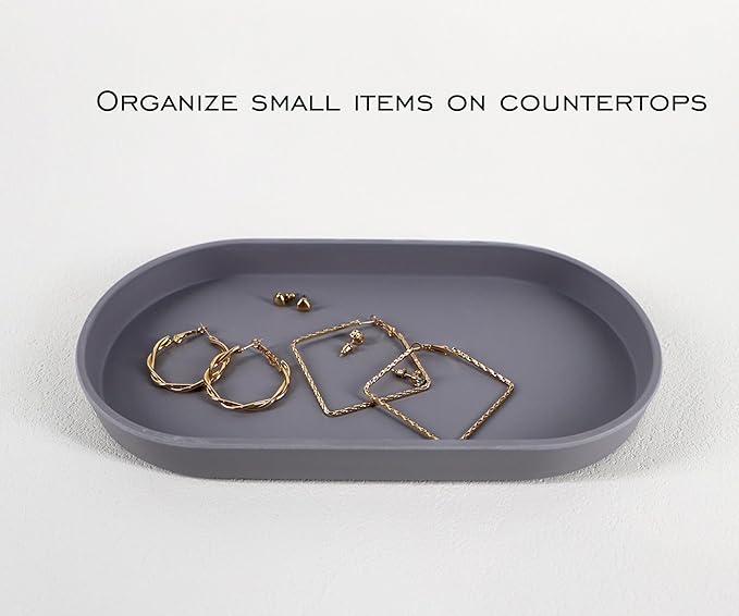 Gray Small Tray (10 inch), Oval Tray for Kitchen Counter, Bathtub Bathroom Vanity Items, Countertop Organizer, Coffee Accessory, Bar, Serving Seasoning, Salt and Pepper, Soap, Perfume.