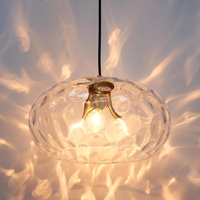 Large Glass Pendant Lighting, 14" Hammered Lampshade Hanging Lamp, 3-Light Brass Gold Chandelier for Dining Living Room Kitchen Island (Clear Glass Shade, 14 Inches)