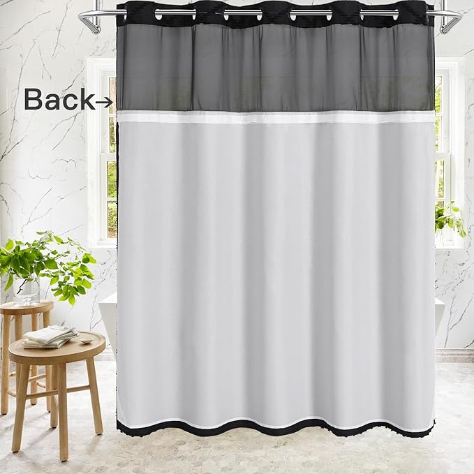 Boho Black Woven Fabric Shower Curtain 36 x 74 Modern Farmhouse, No Hooks Tufted Chevron Striped Shabby Chic Textured, Minimalist Cloth Curtain for Bathroom, Hotel Decor