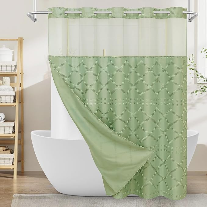 Boho Sage Woven Fabric Shower Curtain 72 x 86 Modern Farmhouse, No Hooks Tufted Chevron Striped Shabby Chic Textured, Minimalist Cloth Curtain for Bathroom, Hotel Decor