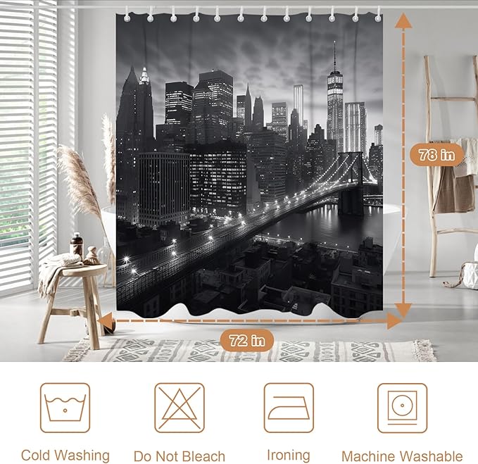 NYC Manhattan Brooklyn Bridge Shower Curtain New York Skyline Building Night View Shower Curtain Set with 12 Hooks 72x78 inch Polyester Machine Washable, Grey and White