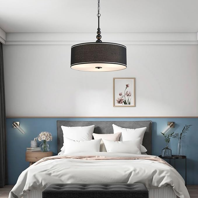 Shrine Lighting Drum Chandeliers, Farmhouse Style, Perfect Drum Pendant Light for Dining Room, D21'' x H8'', Adjustable Chains 59'', E26*3 Sockets, Black Linen Fabric Lampshade & Black Rod