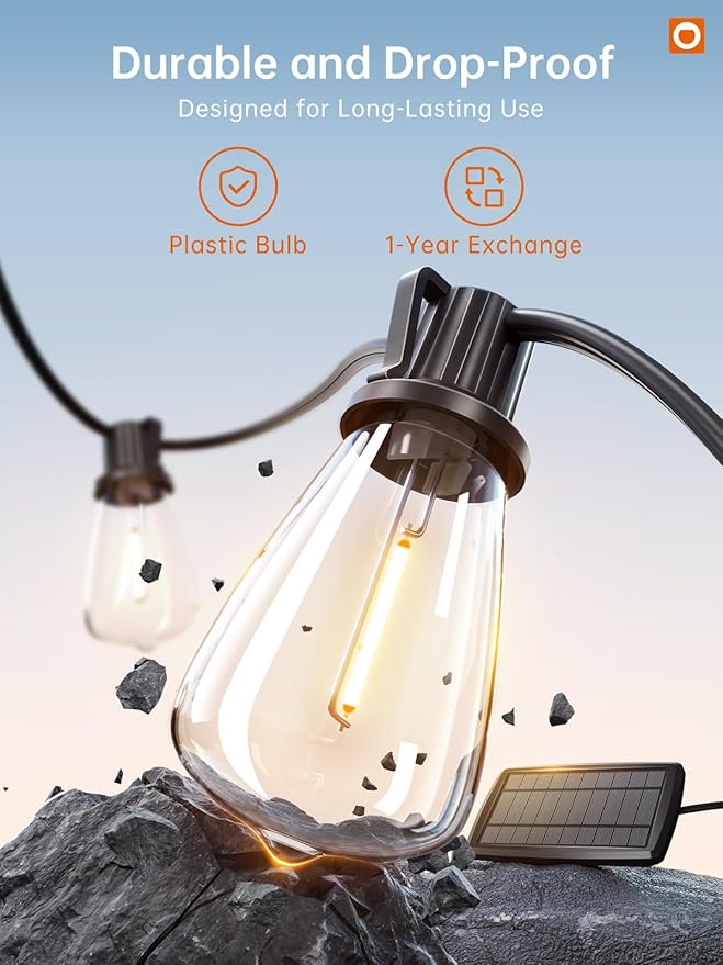 addlon 72FT Solar String Lights Outdoor, Waterproof Solar Powered Outside Lights with Remote & USB Port, ST38 LED Shatterproof Bulbs, Dimmable Solar Light for Camping Backyard Porch