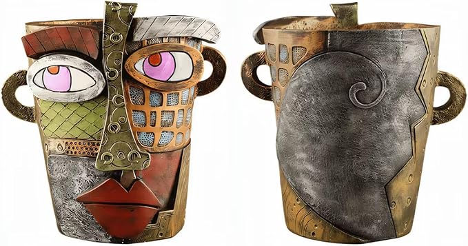 Unique Abstract Face Planters Pots Head,Picasso Brutalist Face Flower Pot Ornaments Head Planter Pots Colorful Art Abstract Resin Flower Pot for Indoor and Outdoor Plants Funny Room Decor(Retro Big)