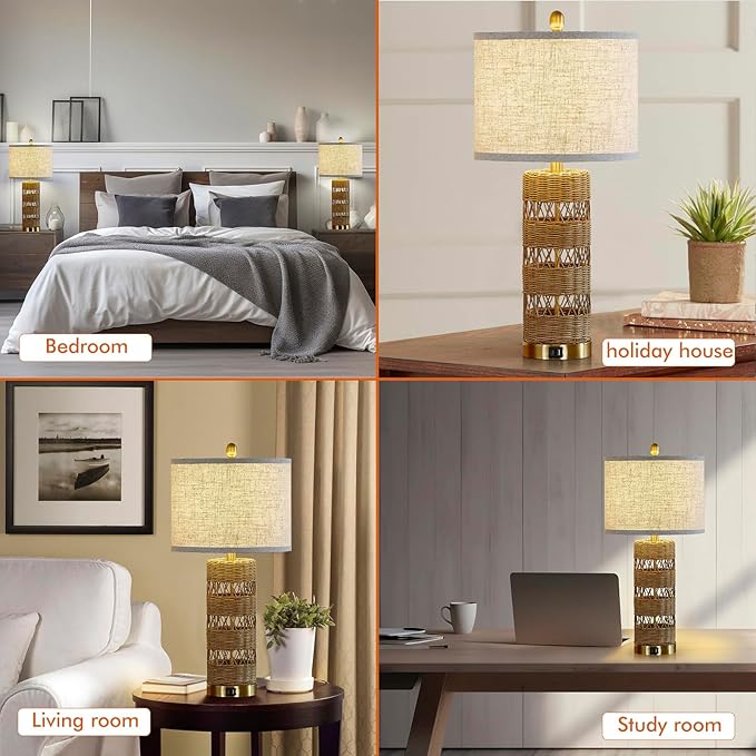 Boho Rattan Stylish & Functional & Versatile Decor USB Table Lamps Set of 2-28" Farmhouse Bedside Lights,Bulbs Included