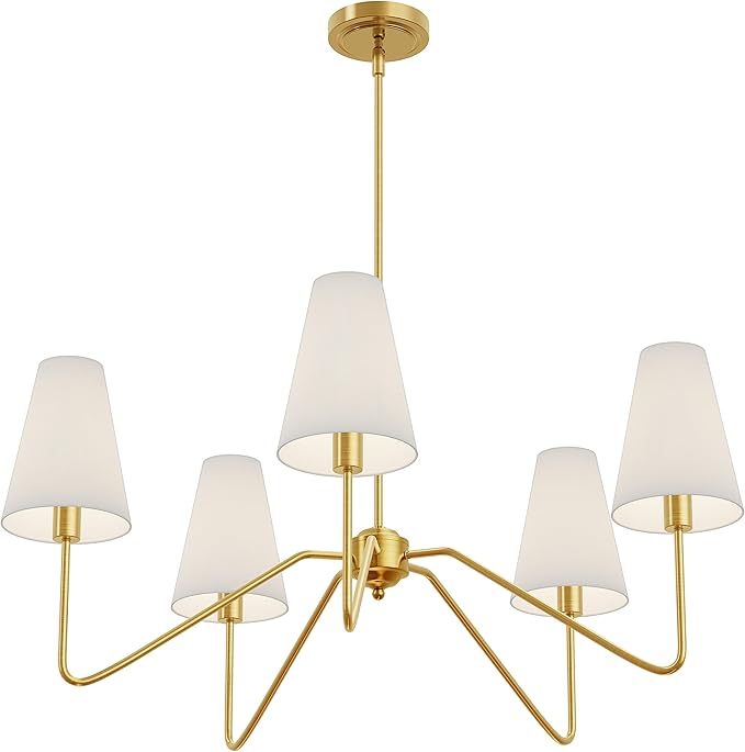 Electro bp;30" Dia 5-Arm Classic Chandeliers Polished Gold with White Linen Shades,Ceiling Light Fixture for Dining Room,Living Room,Entryway,E12,200W