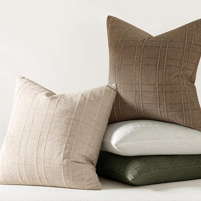 MIULEE Decorative Linen Check Throw Pillow Covers Neutral Farmhouse Vintage Christmas Pillow Covers 16x16 Set of 2 Boho Modern Home Decor for Sofa Couch Bedroom Cushion Natural Beige