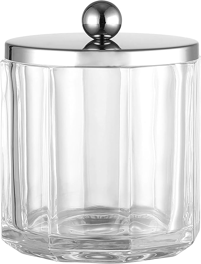 Home Glass Cotton Jar Holder with Lid, Elegant Bathroom Storage Canister for Qtips, Cotton Balls, Floss, Makeup Organizer, Vanity Bathroom Organization