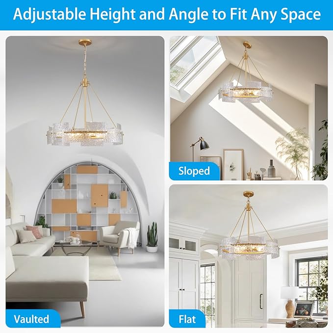 XINGQI Large 8-Light Modern Gold Glass Chandelier 26" Drum Light Fixture Round Water Ripple Pendant Lighting for Dining Room Living Room Kitchen Island Office
