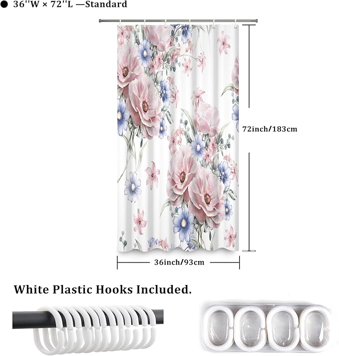 Colorful Floral Shower Curtain Watercolor Flower Modern Design Bathroom Curtain Girls Pretty Plant Decor Shower Curtain with Hooks Waterproof Polyester Fabric 36x72 Inch