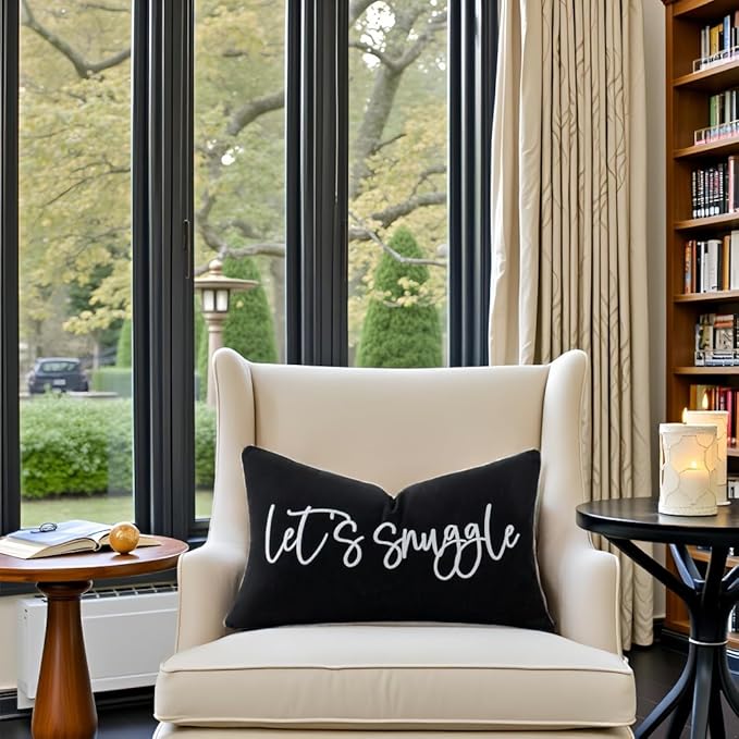 Sunkifover Let's Snuggle Decorative Lumbar Pillow Cover - 12x20 Inch Black and White Cotton Embroidery Throw Pillowcase for Bed, Bedroom, Living Room, Home Decor