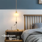 Plug in Pendant Light Hanging Light Fixture Corded On/Off Switch Brass Pendant Light with White Striped Glass Lampshade for Bedroom Living Room Kitchen Island