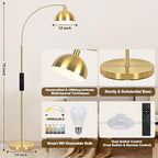 【Upgraded】 Arc Floor Lamps for Living Room - Stepless Dimmable Gold Tall Lamp with Remote Control & Color Temperature 9W LED Bulb, Over Couch Arched Reading Standing Lamp for Bedroom Brass