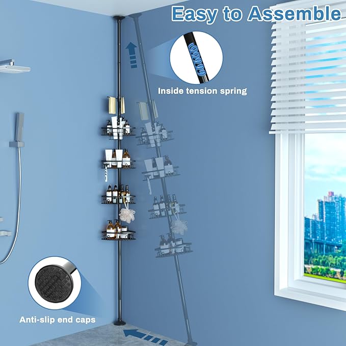 Rustproof Corner Shower Caddy Freestanding Tension Pole, 4 Large Baskets for Bathtub Shampoo Storage Organizer Bathroom Height Adjustable Shelves from 23.6 to 114.5 Inch with Towel Bar