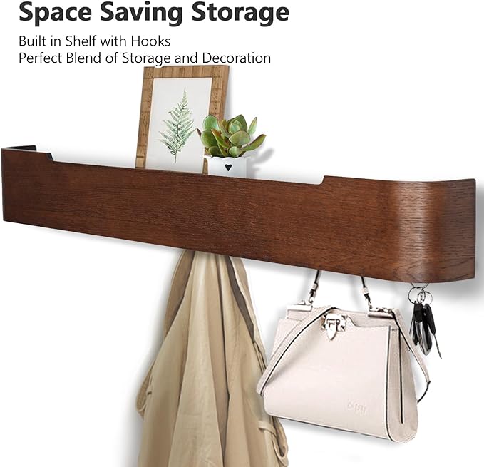 Coat Rack Wall Mount with Hidden Hooks Entryway Hanging Shelf Modern Wood Coat Hanger for Bedroom Kitchen Hallway Bathroom (Walnut,32.7 Inch Long)