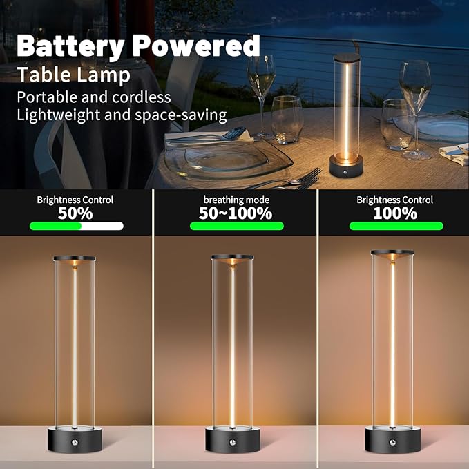 Cordless Portable LED Table Lamp, Modern Nightstand Lights with Filament Magnetic, Three-Level Dimmable Lamp for Gaming, Home Office, Bedroom, Living Room, Kitchen, Bar, Restaurant (Black)