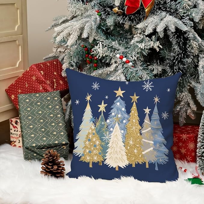 AACORS Christmas Pillow Cover 20X20 Inch Watercolor Christmas Tree Stars Decoration Holiday Farmhouse Winter Pillow Case for Sofa Couch Decor（Blue） AA608-20