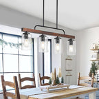 Farmhouse Dining Room Light Fixture, 4-Light Wood Kitchen Island Lighting, Industrial Chandeliers for Dining Room Over Table Black Pendant Light with Seeded Glass Shade for Bar Restaurant