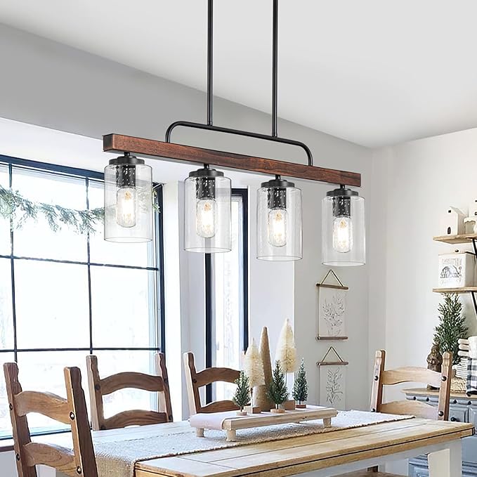 Farmhouse Dining Room Light Fixture, 4-Light Wood Kitchen Island Lighting, Industrial Chandeliers for Dining Room Over Table Black Pendant Light with Seeded Glass Shade for Bar Restaurant