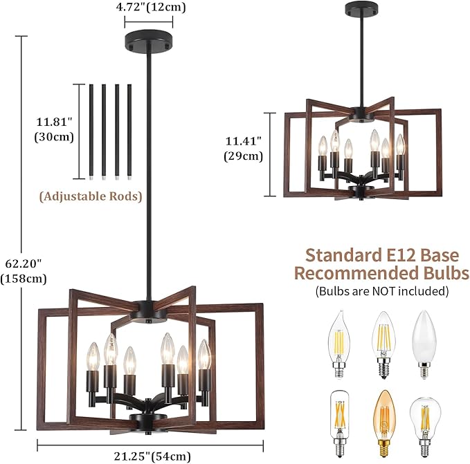 Farmhouse Chandelier Dining Room Light Fixtures,6-Light Kitchen Island Light Rustic Wood Grain Finish Geometric Chandelier for Entryway Stairway Foyer,UL-Listed
