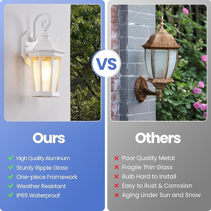 Outdoor Wall Lantern, Waterproof Exterior Wall Light Fixtures, Outdoor Porch Light Fixtures Wall Mount in White Finish with Clear Glass, Aluminum Alloy, 60W