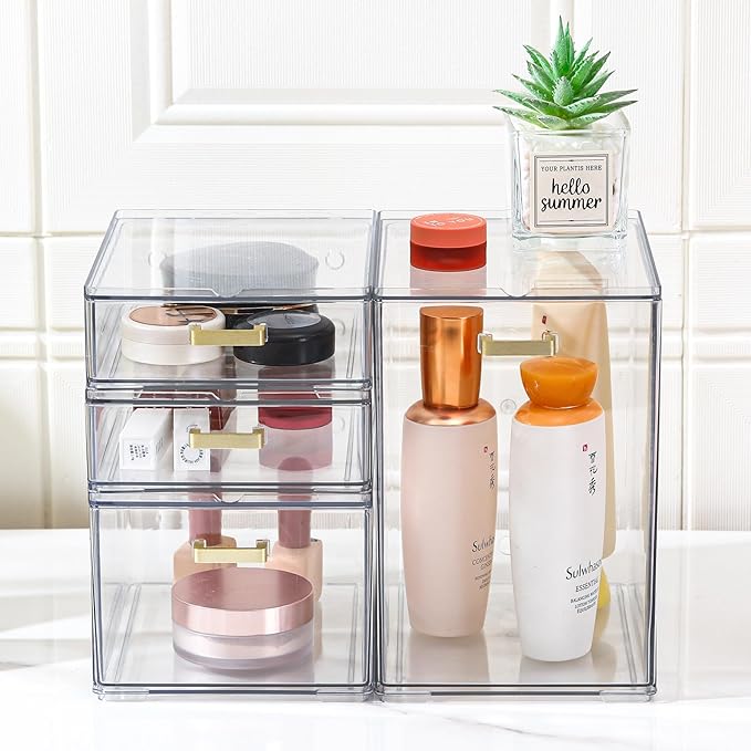 4Pack Stackable Storage Drawers, Clear Plastic Organizer Bins for Bathroom and Office Organization, Perfect for Cosmetic, Beauty Supplies, Accessories