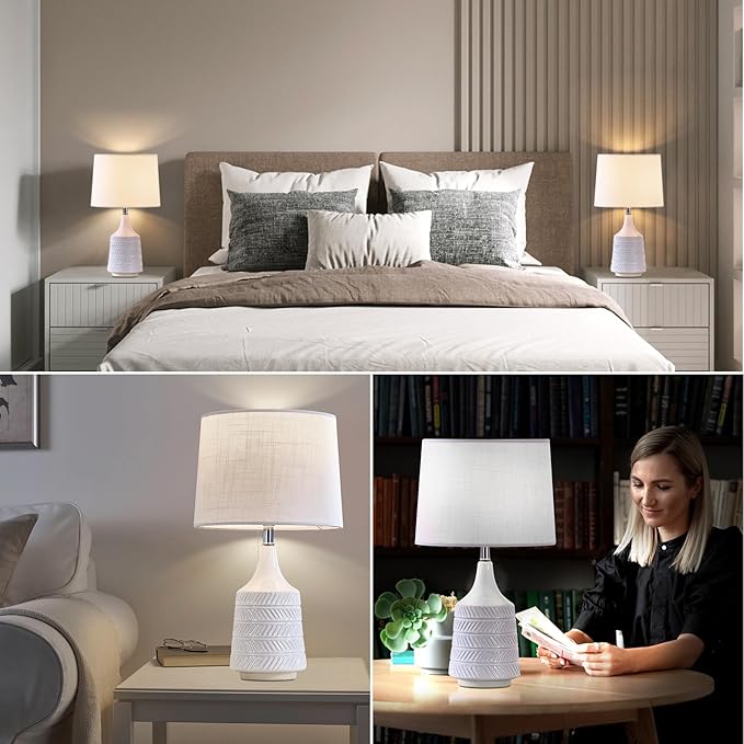 White Ceramic Table Lamps Set of 2, Decor Farmhouse Lamps for Living Room End Tables, 18.5" Bedside Lamps for Night Stands, Modern Boho Lamp for Bedroom Office, 3-Color Temperature LED Bulbs Included
