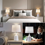 Modern Ceramic Table Lamp, Decor White Desk Lamp 18.5" for Living Room Bedroom Dorm Farmhouse Office Bedside Night Stand End Corner, 3-Color Temperature LED Bulbs Included Beige