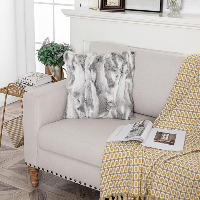 Home Living Room Decorative Rabbit Skin Fur Cushion Cover Throw Pillow Covers Case Luxury Rabbit Hide Fur Pillowcases Cushion Cover Soft Throw Cases for Bedroom Grey 40×40CM（16in×16in）