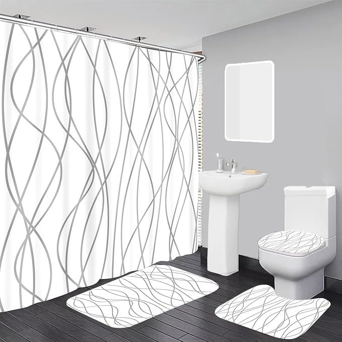 70.8x70.8 Inches Waterproof Shower Curtain Set, 12 Hooks, Gray and White Striped Design, Weighted Hem, Including Bath Mat, U-Shape Mat, and Toilet Lid Cover, Hotel Style Bath Accessories