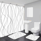 70.8x70.8 Inches Waterproof Shower Curtain Set, 12 Hooks, Gray and White Striped Design, Weighted Hem, Including Bath Mat, U-Shape Mat, and Toilet Lid Cover, Hotel Style Bath Accessories