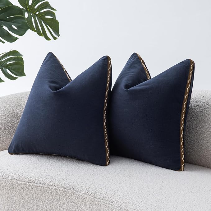 Decorative Neutral Linen Throw Pillow Covers 20x20 Inch Set of 2, Navy Blue Boho Farmhouse Pillow Covers with Braid Fringe for Sofa Bed Modern Couch Pillow Cases for Organic Home Decor