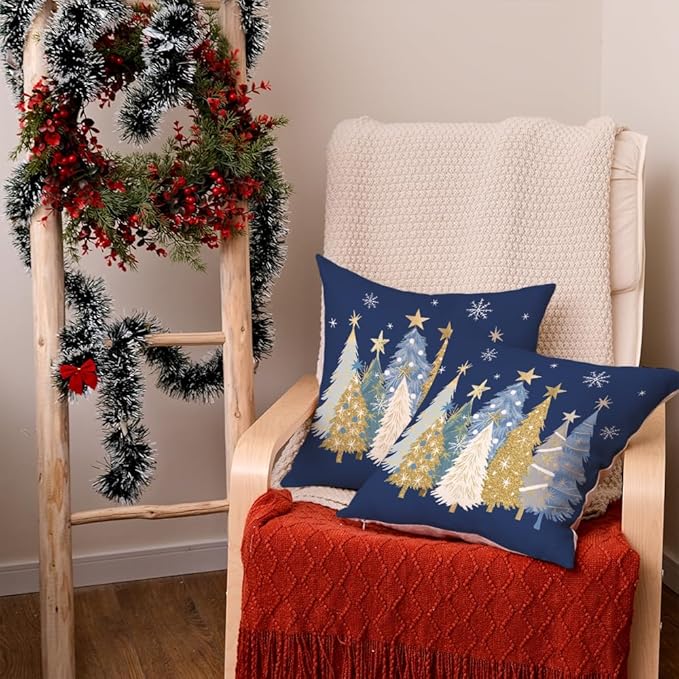 AACORS Christmas Pillow Covers 18X18 Set of 2,Watercolor Christmas Tree Stars Decoration Holiday Farmhouse Winter Pillow Case for Sofa Couch Decor（Blue） AA608-18-2