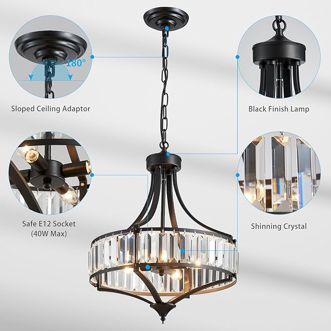 XINGQI Crystal Chandeliers for Dining Room,Modern Black Chandelier,Metal Round Shade Farmhouse 4-Light Rustic Pendant Lighting Fixtures for Hallway Bedroom Foyer