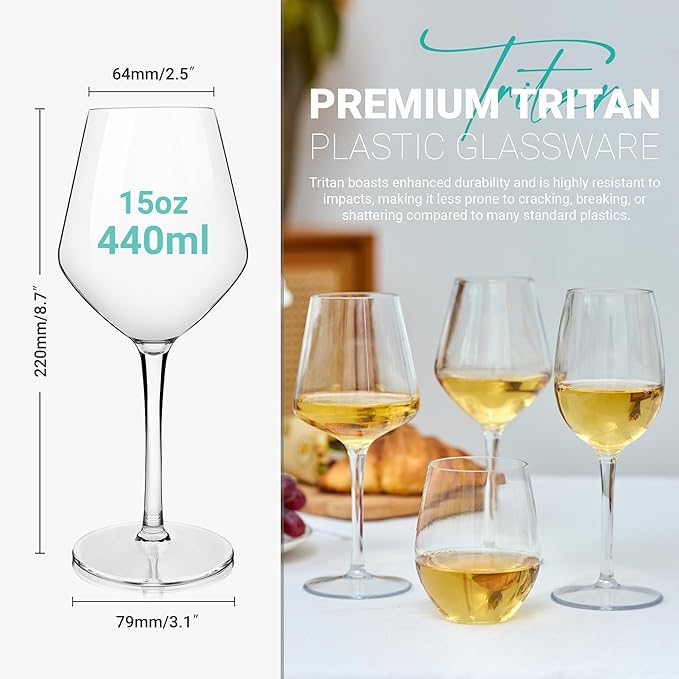 MICHLEY Unbreakable Stemmed Wine Glass 100% Tritan Plastic Dishwasher available Glassware 15 oz, Set of 4