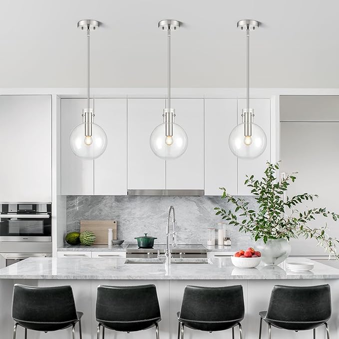 Brushed Nickel Pendant Lights Kitchen Island 2 Pack, 8" Large Globe Glass Hanging Light Fixtures, Modern Kitchen Pendant Lighting Over Island for Sink Bathroom, OS-JJ528-2PBN