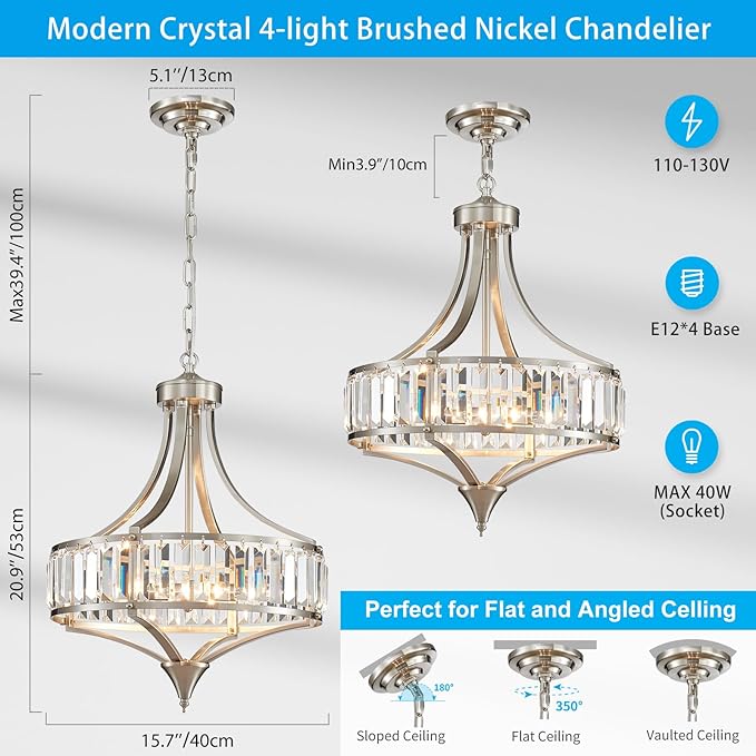XINGQI Round Crystal Chandeliers for Dining Room Modern 4-Light Rustic Farmhouse Light Fixture Brushed Nickel Pendant Lighting for Living Room Kitchen Island Bedroom