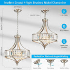 XINGQI Round Crystal Chandeliers for Dining Room Modern 4-Light Rustic Farmhouse Light Fixture Brushed Nickel Pendant Lighting for Living Room Kitchen Island Bedroom
