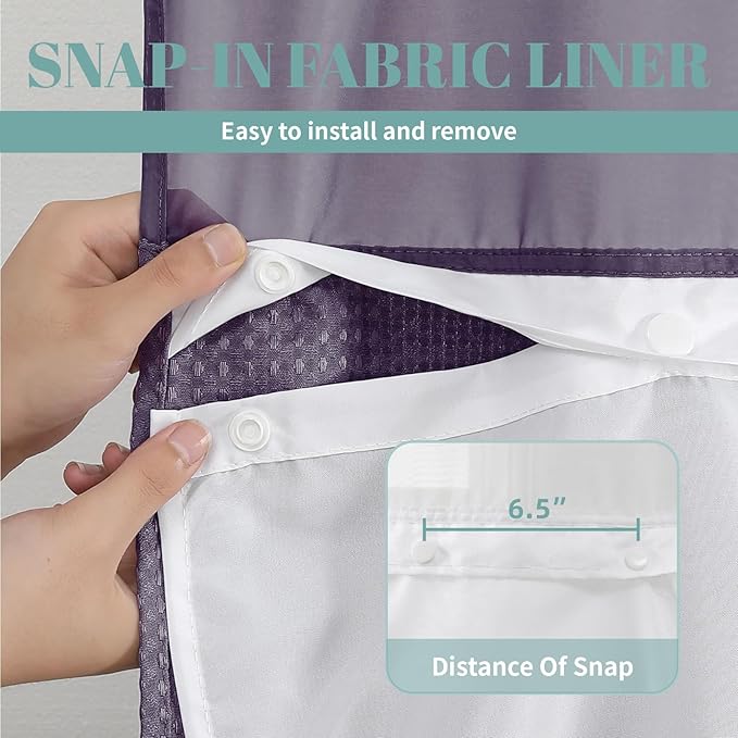 Purple No Hook Waffle Weave Shower Curtain with snap-in Liner Replacement, 230GSM Waterproof Fabric Hotel Shower Curtain Set for Bathroom, Through Mesh Top Window,54Wx80H