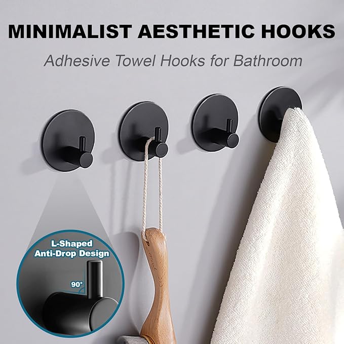 Towel Hooks for Bathroom (4 Pack) Adhesive Towel Hook Shower Hooks for Inside Shower - Sticky Bathroom Wall Hooks for Hanging Towels, Robe, Loofah, Bath Sponge - Matte Black Towel Hooks