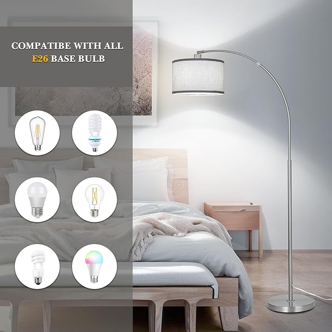 Silver Arc Floor Lamp for Living Room, Modern Standing Lamp with Adjustable Head Tall Pole Lamp with On/Off Pedal Switch Over Couch Arched Tall standing light for Reading Bedroom 8W LED Bulb Included